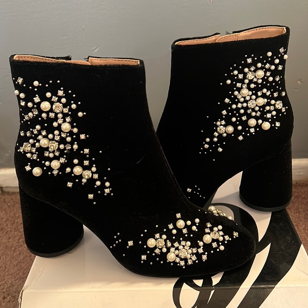 Zara Black Velvet Pearl Rhinestone Beaded Booties